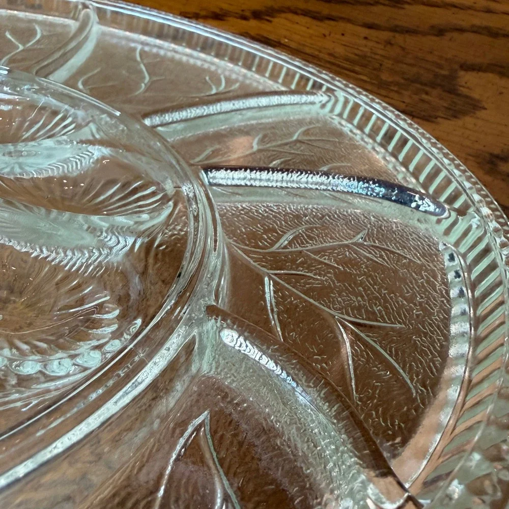 Vintage Clear Glass Divided Deviled Egg Serving Platter Wheat Pattern 12.5in